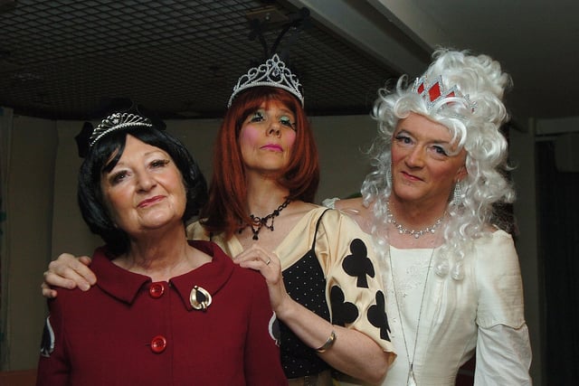 Three of the four queens who took part in Edale panto in 2013. Pictured are Margaret Coupe, Catherine Parker and Barry Pierce. Photo Jason Chadwick