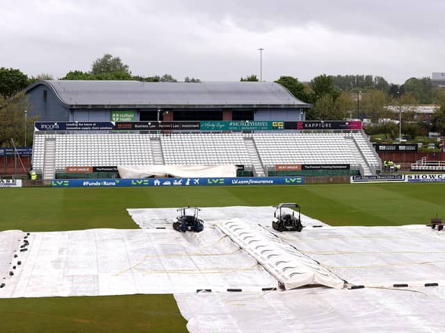 Covers are pictured over the crease due to poor weather prior to the LV= Insurance County Championship match between Derbyshire and Durham at The Incora County Ground on Friday. (Photo by Alex Pantling/Getty Images)