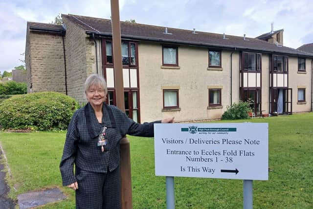 Councillor Fiona Sloman, Executive Councillor for Housing and Licensing, outside Eccles Fold housing scheme in Chapel-en-le-Frith.
