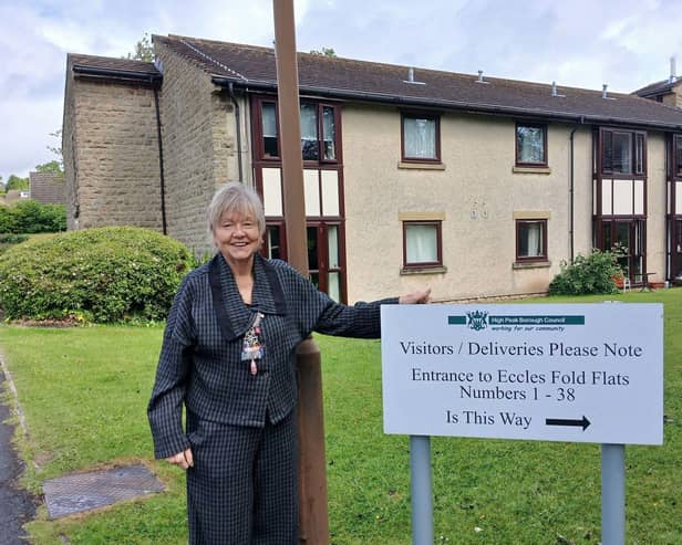 Councillor Fiona Sloman, Executive Councillor for Housing and Licensing, outside Eccles Fold housing scheme in Chapel-en-le-Frith.