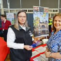 Helen Potts volunteer administrator Buxton Opera house talking to MP Jon Pearce and East Midlands Regional Mayor Claire Ward.  Photo Brian Eyre