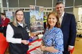 Helen Potts volunteer administrator Buxton Opera house talking to MP Jon Pearce and East Midlands Regional Mayor Claire Ward.  Photo Brian Eyre