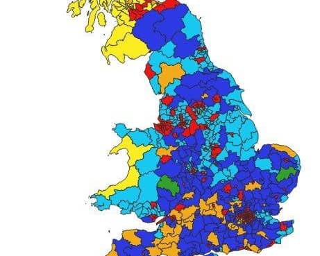 This graphic of UK parliamentary constituencies reflects the results of a new poll that spells trouble for the Labour Party