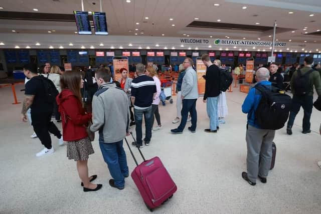 Passengers at Belfast International Airport on Monday, as flights to the UK and Ireland have been cancelled as a result of air traffic control issues in the UK on Monday, Pic: Liam McBurney/PA Wire