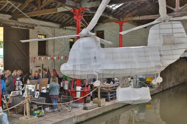Whaley Wharf Weekend, the newly restored helicopter artwork flying inside the Transhipment Warehouse