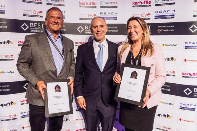 Peter Higham Managing Director of Gascoigne Halman and Rebecca Whitehead Director of Lettings at Gascoigne Halman receiving their awards from ‘Judge’ Robert Rinder MBE.