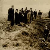 This rare 1906 photo by FH Brindley shows the “nicking” of Greaves Croft mine, Moss Rake, as its ownership passes from the Bradwell family to the British Mineral Company, witnessed by members of the Barmote Court.