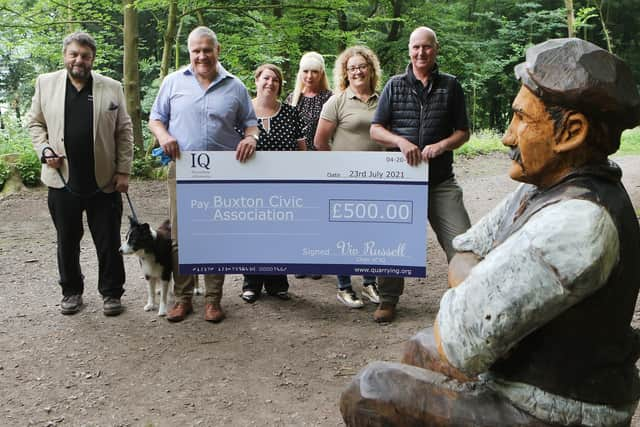 Viv Russell, Chair of the Institute of Quarrying, Pat Bowles Chairman of the Derbyshire branch and Sarah Fry head of membership and marketing, with Simon Fussell and Lucy Marsden, directors of Buxton Civic Association, and Buxton Advertiser Editor Louise Cooper