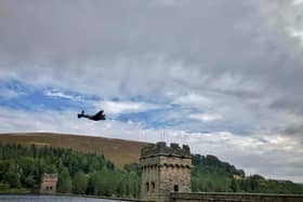 The Lancaster bomber flew over Derwent Reservoir in Derbyshire four times this afternoon (Monday, September 28).