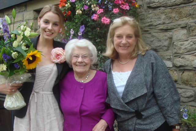 Dorothy on her 90th birthday celebration with daughter Catherine and granddaughter Freya