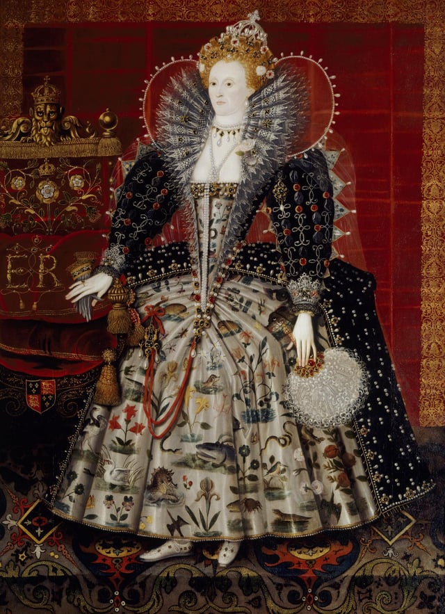 QUEEN ELIZABETH I, Studio of Nicholas Hilliard. 88 inches (inc 9 inch later extension below) x 66 and 1/2 inches (223x165 cm).
Credit: Hardwick Hall/The Devonshire Collection (acquired through the National Land Fund and transferred to the National Trust in 1959)