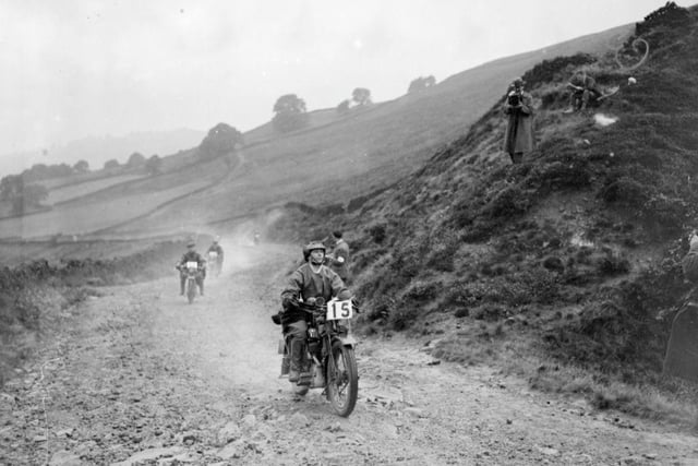 Competitors in the Internationality Reliability Trials in Buxton, Derbyshire negotiating a rough country track in Aug 1926.