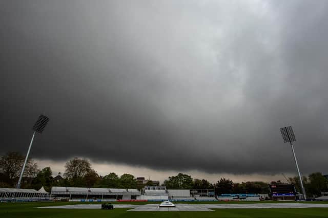 The covers were on as rain delayed the start of play during the LV= Insurance County Championship match between Essex and Derbyshire at Cloudfm County Ground on May 13, 2021 in Chelmsford, England.   (Photo by Justin Setterfield/Getty Images)