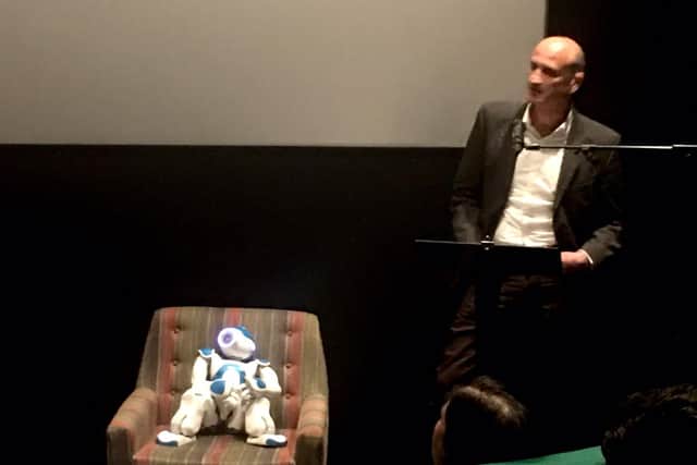 Double act Now the robot and Alternate Realities curator Mark Atkin at Curzon cinema in Sheffield