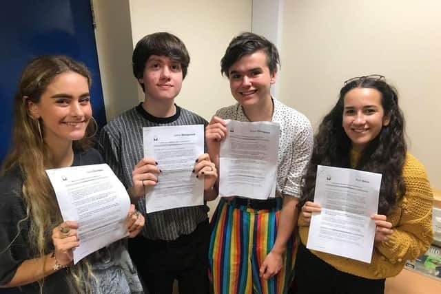 Lucy Dearden, Jamie Wedgwood, Elliot Thomspon, Ruth Silver with their A-Level results