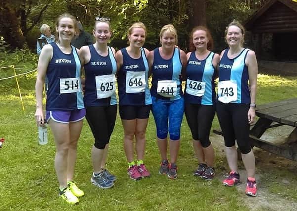 Buxton AC ladies who took part in the Shutlingsloe fell race (L to R: Fran Bromley, Louise Hallows, Nichola Sargent, Charlie Narejko, Caroline Newton-Phillips and Teresa Macmillan)