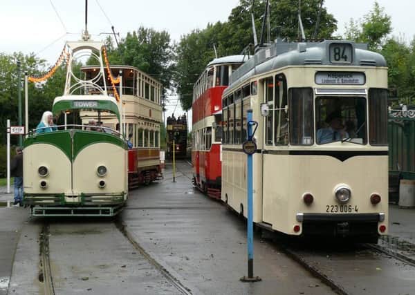 Vintage trams at Crich Tramway Museum.