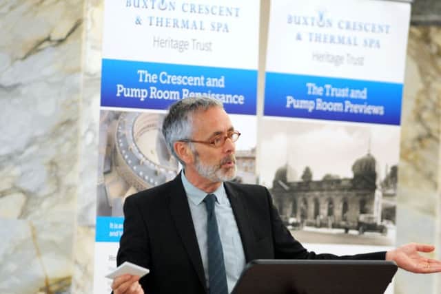 James Berrisford, the chairman of the Buxton Crescent Thermal Spa Heritage Trust, addresses the assembled guests at the official coming together with Buxton Waters.