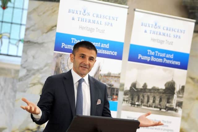 Michel Beneventi, the Managing Director of Nestle Water, addresses the assembled guests at the official coming together with the Buxton Crescent Heritage Trust.