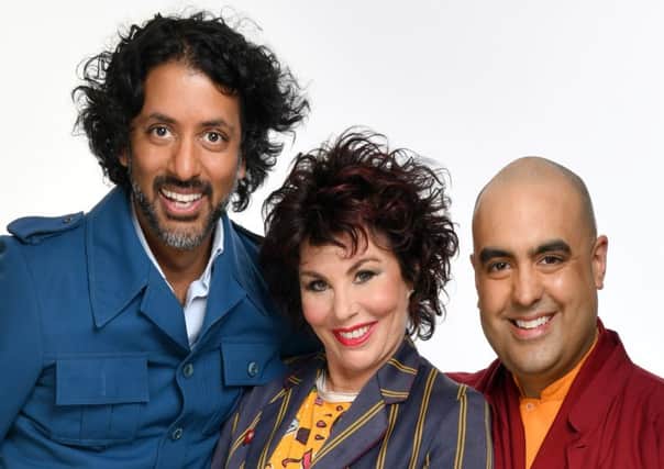 Ruby Wax with Ash Ranpura amd Gelong Thubten in new touring show Ruby Wax, The Monk and the Neuroscientist. Photo by Steve Ullathorne.