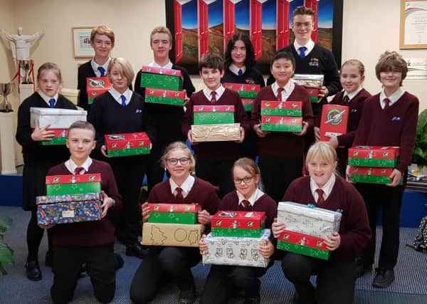 St Thomas More School, Buxton, filled boxes for Operation Christmas Child.