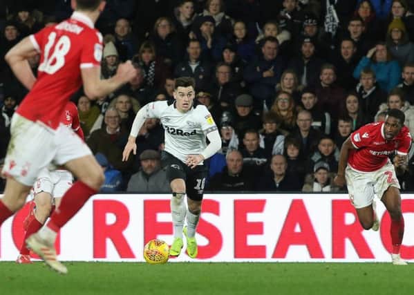 Action from the second half between Derby County vs Nottingham Forest at Pride Park Stadium Derby - Final Score 0 - 0  - 17-12-18  - image Jez Tighe