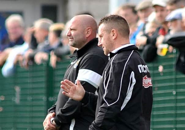 Buxton FC v Stafford Rangers, pictured is Buxton management team Steve Halford and Paul Phillips