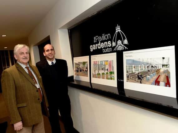 Councillor Tony Kemp and Justin Palfrey, Assistant Regional Director at Parkwood Leisure, view future plans for the Pavilion Gardens.