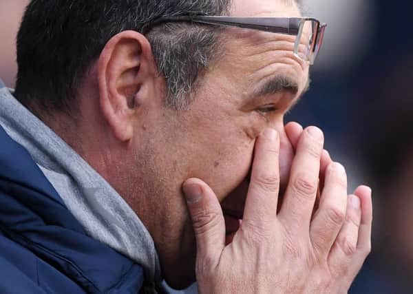 MANCHESTER, ENGLAND - FEBRUARY 10: Maurizio Sarri, Manager of Chelsea looks on prior to the Premier League match between Manchester City and Chelsea FC at Etihad Stadium on February 10, 2019 in Manchester, United Kingdom. (Photo by Laurence Griffiths/Getty Images)