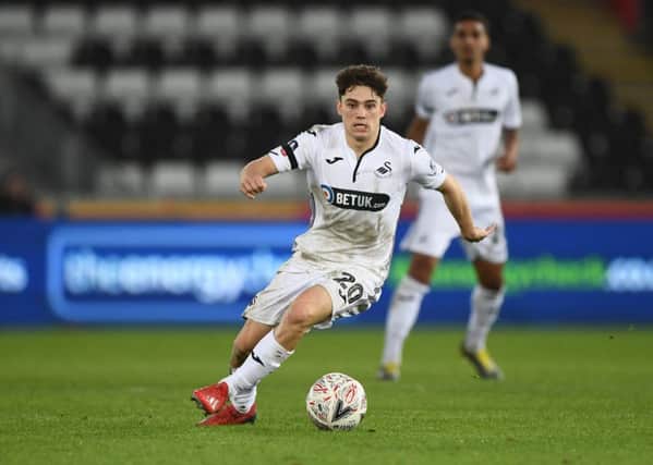 SWANSEA, WALES - FEBRUARY 17: Swansea player Daniel James in action during the FA Cup Fifth Round match between Swansea and Brentford at Liberty Stadium on February 17, 2019 in Swansea, United Kingdom. (Photo by Stu Forster/Getty Images)