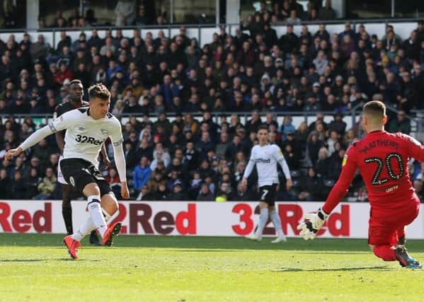 Derby County midfielder Mason Mount scores during the game between Derby County & Bolton Wanderers FC at Pride Park Derby 13-04-19 Image Jez Tighe