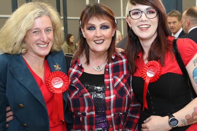 Ruth George MP with the two councillor Thomsons whose double win in Whaley Bridge gave Labour its majority. Photo: Jason Chadwick.