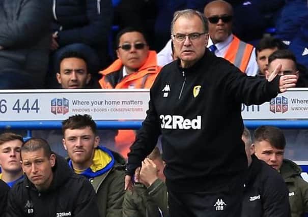 IPSWICH, ENGLAND - MAY 05: Leeds United Manager Marcelo Bielsa looks on during the Sky Bet Championship match between Ipswich Town and Leeds United at Portman Road on May 05, 2019 in Ipswich, England. (Photo by Stephen Pond/Getty Images)