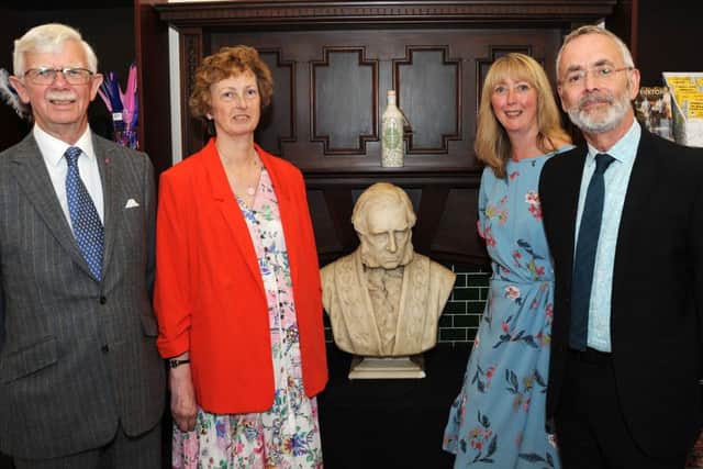 Jill Grice and Bridget Marshall pictured with Jim Harker from the National Lottery Heritage Fund, left, and James Berresford, the chairman of the Trust, after unveiling the bust of the Duke of Devonshire.