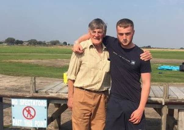 Lucca Hempsall doing a charity skydive to help refugee children in place of grandpa Alex James