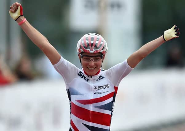 LUCERNE, SWITZERLAND - AUGUST 01:  Dame Sarah Storey of Great Britain celebrates winning the WC5 Road Race during the Road Race on Day 4 of the UCI Para-Cycling Road World Championship on August 1, 2015 in Lucerne, Switzerland.  (Photo by Christopher Lee/Getty Images for British Cycling)
