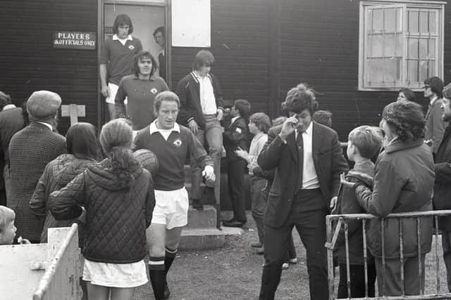 Buxton Advertiser archive, 1972, the Manchester Utd XI taking the field for a pre season friendly match at Buxton FC