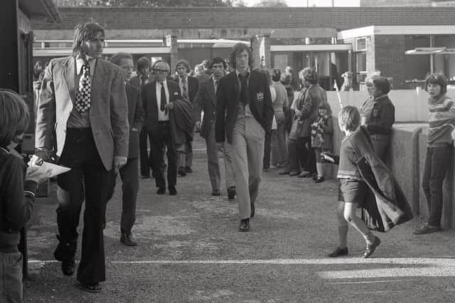 Buxton Advertiser archive, 1972, the Manchester Utd XI arriving for a pre season friendly match at Buxton FC