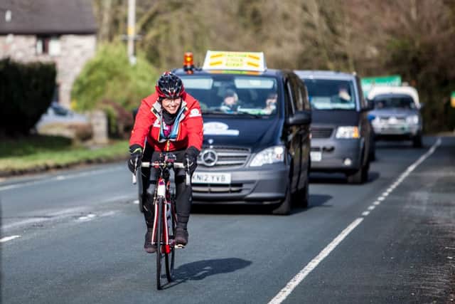 Davina cycles from Accrington to Hayfield. Photo courtesy of Sport Relief.