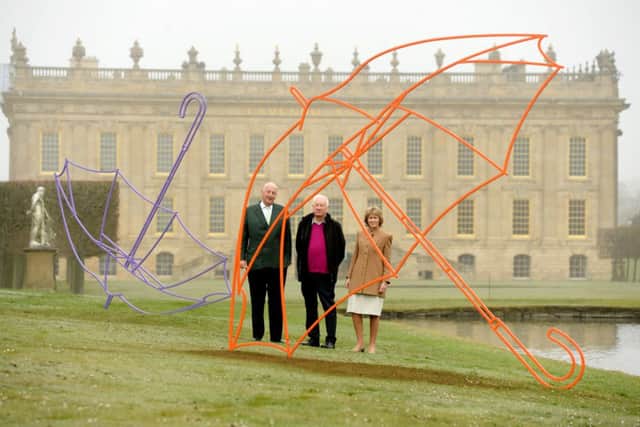 New season opening at Chatsworth. The Duke and Duchess of Devonshire with artist Michael Craig Martin and his work of 12 large-scale sculptures in the gardens of Chatsworth