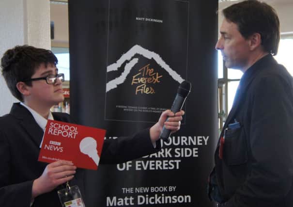 Author Matt Dickinson being interviewed by a Lady Manners School reporter. Photo contributed.