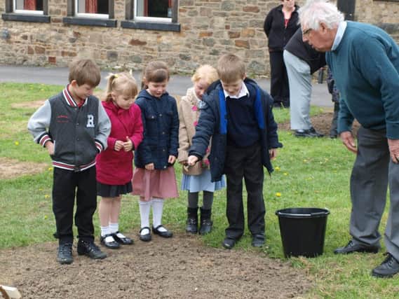 Pupils from St George's Primary School sow seeds in the churchyard to commemorate World War I.