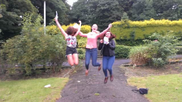 Sarah Betts, Emily Hales and Nadia Hall celebrate their A-level results at Glossopdale Community College.