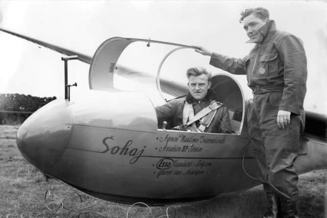 Buxton Advertiser archive, 1954, Great Hucklow hosted the world gliding championships, a Belgian entrant ready for take off