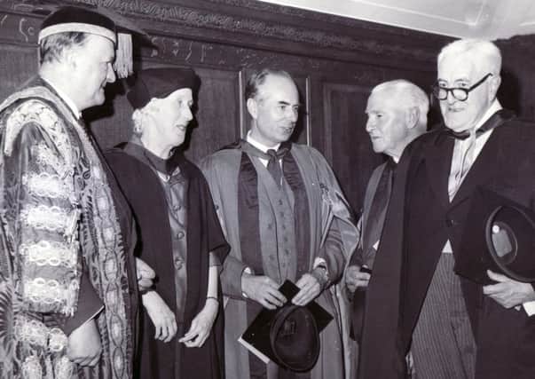Sheffield University Degree Congregation at the City Hall - 11th July 1964
Picture shows University of Sheffield Chancellor, The Rt. Hon. R.A. Butler M.P. (left) with the four recipients of Honorary Degrees:-
left to right, R.A. Butler, Christina Mary Mather (Master of Arts), Andrew Fielding Huxley (Doctor of Science), Dr. L. duGarde Peach (Doctor of Letters) and Arnold Bittain (Master of Laws).