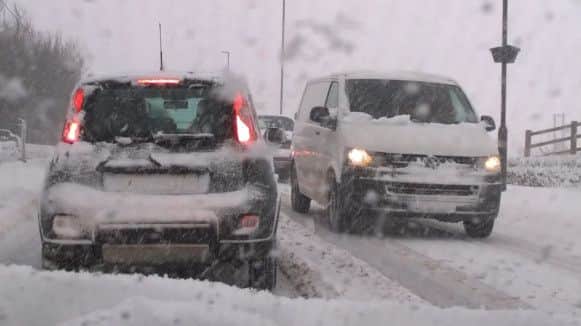 Cars stuck in snow on the A6 between Buxton and Chapel. Photo by Jason Chadwick.