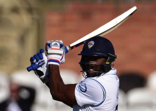 Chesney Hughes following through during Derbyshire County Cricket Club second innings at 3aaa County ground, Derby on 11 May 2015. Photo: Simon Trafford