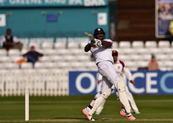 Chesney Hughes pulls during Derbyshire County Cricket Club second innings at 3aaa County ground, Derby on 11 May 2015. Photo: Simon Trafford