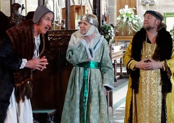 Anthony Gill as Polonius, Barbara Crossley as Gertrude and Tim Dudley as Claudius in Rosencrantz and Guildenstern at Tideswell Church from May 21 to 23, 2015