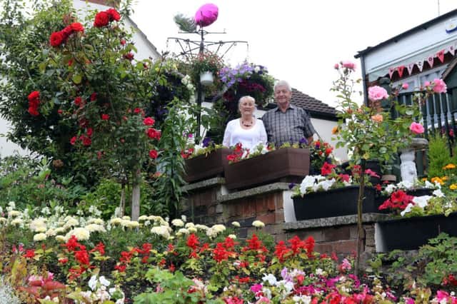 John Harvey and Ann Wheatley in their terraced front garden on Nottingham road.